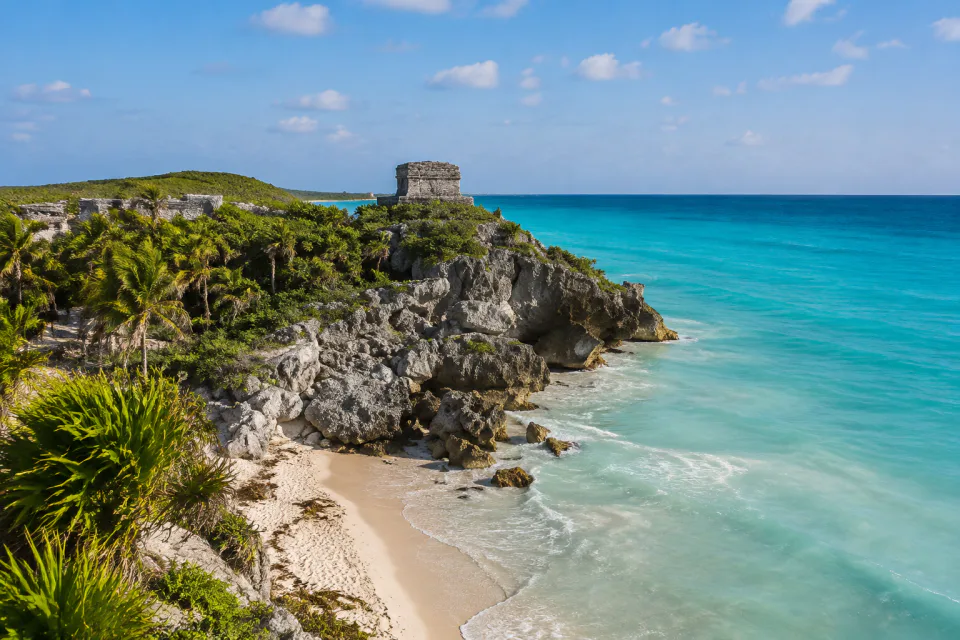 Tulum archaeological coast above the Caribbean Sea