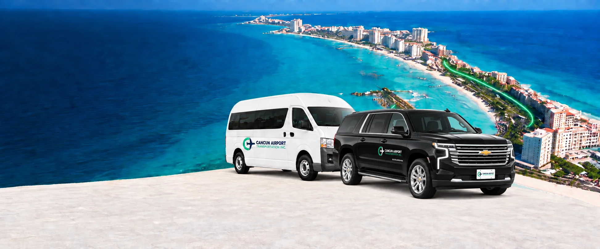 Illustrative daytime view of Cancun with CAT private van and Chevrolet Suburban